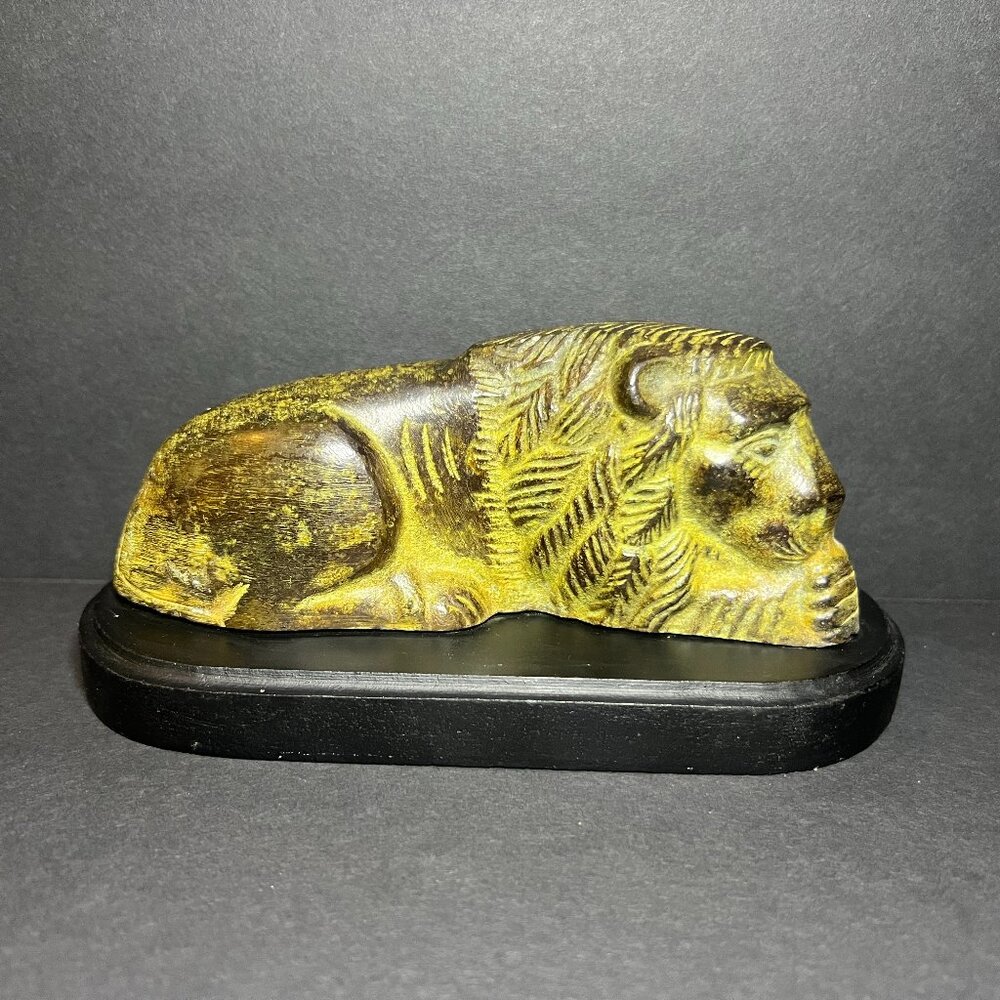 Vintage 1970s Carved Bronze Sleeping Lion Statue Figure on Wooden Base 3.25 x 7"